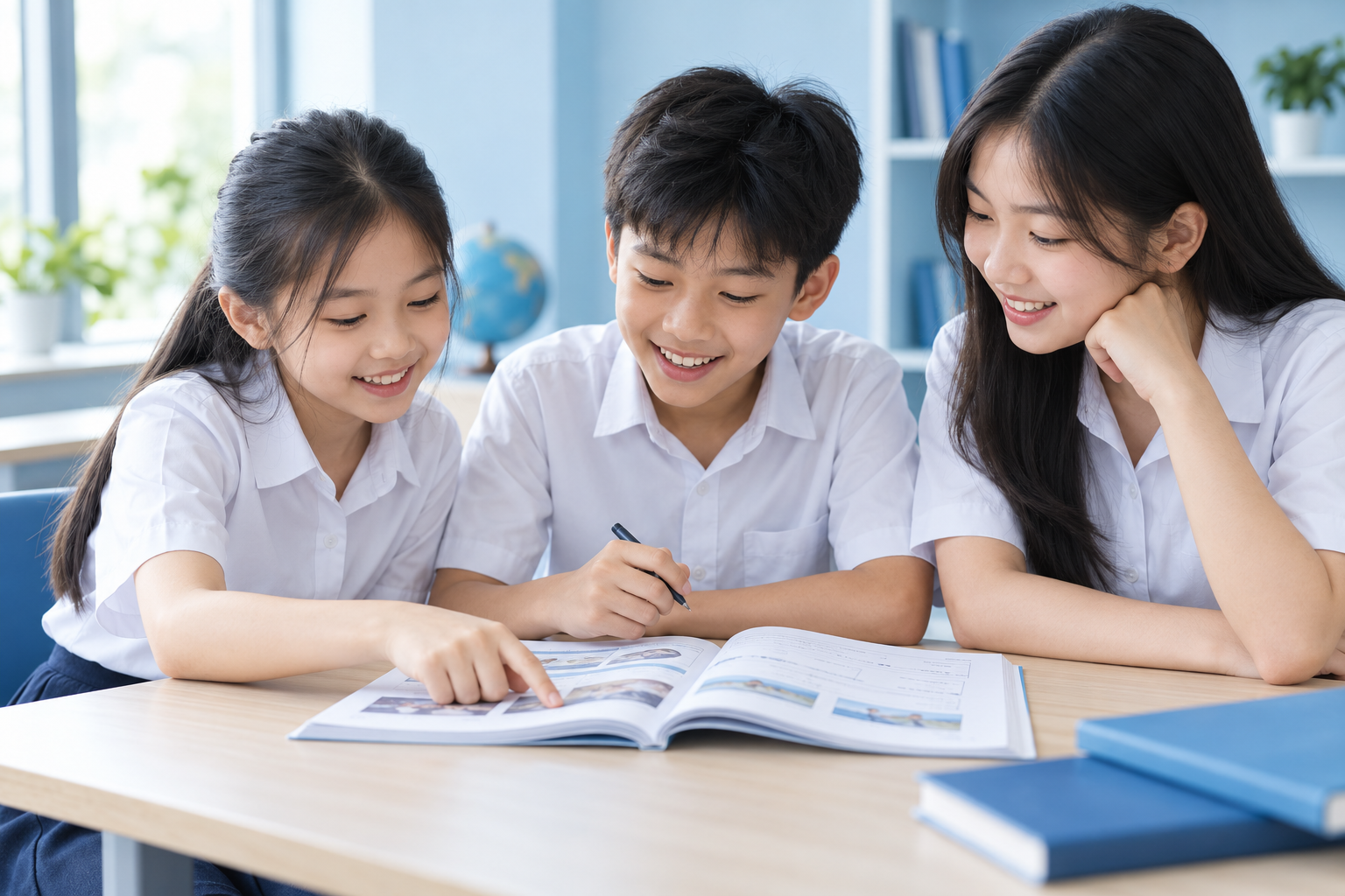 Ảnh minh họa ba học sinh cùng học tiếng Anh